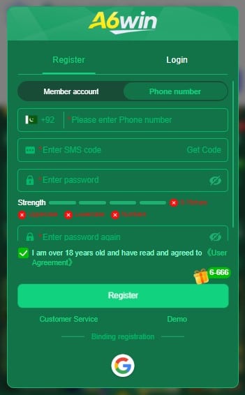 signup screen of a6win game