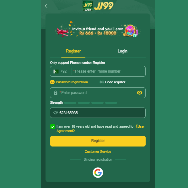 register account screen in jj99 game